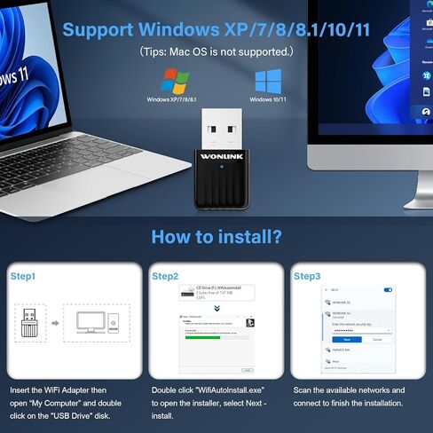 محول واي فاي USB من WONLILNK للكمبيوتر الشخصي، جهاز إرسال واستقبال شبكة لاسلكية ثنائي النطاق 2.4G/5G بسرعة 650 ميجابت في الثانية واي فاي دونجل لأجهزة الكمبيوتر المحمول المكتبية، حجم السفر، يدعم Windows XP/7/8/8.1/10/11 in Kuwait