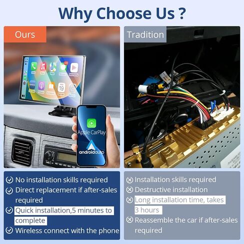A-pple Carplay & Android Auto, 9 Inches Carplay Screen for Car with Light-Sensitive, Siri & G-oogle Assistant Voice Control, Mirror Link, Bluetooth,Suitable for Various Models in Saudi Arabia