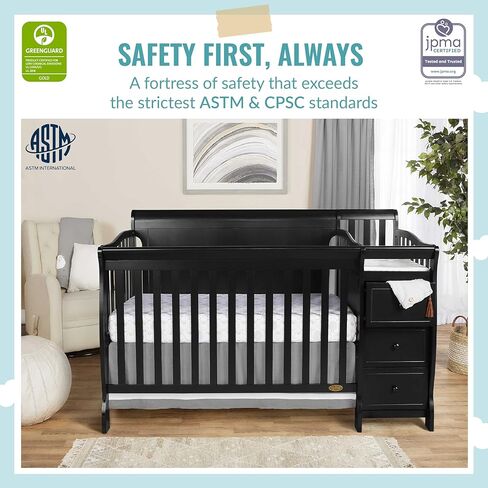 سرير برودي 5 في 1 قابل للتحويل بلوحة كاملة باللون الأسود مع مبدل وأدراج واسعة وطاولة تغيير قابلة للفصل ووسادة تغيير مقاس 1 بوصة in Kuwait