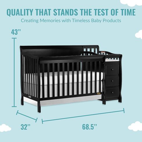 سرير برودي 5 في 1 قابل للتحويل بلوحة كاملة باللون الأسود مع مبدل وأدراج واسعة وطاولة تغيير قابلة للفصل ووسادة تغيير مقاس 1 بوصة in Kuwait