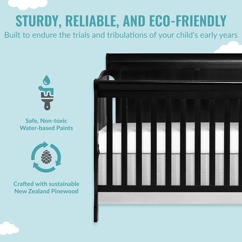 سرير برودي 5 في 1 قابل للتحويل بلوحة كاملة باللون الأسود مع مبدل وأدراج واسعة وطاولة تغيير قابلة للفصل ووسادة تغيير مقاس 1 بوصة in Kuwait