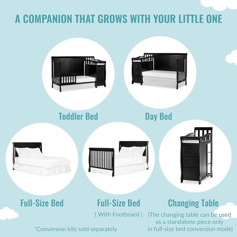 سرير برودي 5 في 1 قابل للتحويل بلوحة كاملة باللون الأسود مع مبدل وأدراج واسعة وطاولة تغيير قابلة للفصل ووسادة تغيير مقاس 1 بوصة in Kuwait