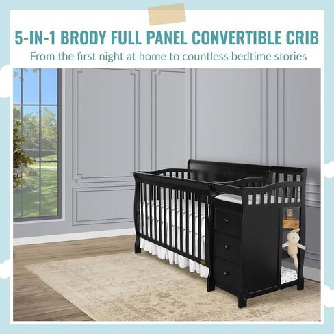 سرير برودي 5 في 1 قابل للتحويل بلوحة كاملة باللون الأسود مع مبدل وأدراج واسعة وطاولة تغيير قابلة للفصل ووسادة تغيير مقاس 1 بوصة in Kuwait