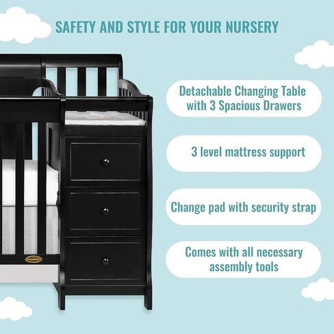 سرير برودي 5 في 1 قابل للتحويل بلوحة كاملة باللون الأسود مع مبدل وأدراج واسعة وطاولة تغيير قابلة للفصل ووسادة تغيير مقاس 1 بوصة in Kuwait