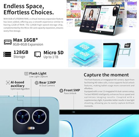 تابلت تيكلاست 10 بوصة، M50HD Android 13، ذاكرة وصول عشوائي 16 جيجابايت، ذاكرة وصول عشوائي 128 جيجابايت (1 تيرابايت TF)، وحدة المعالجة المركزية 8 النواة مع 5G WiFi/4G LTE، IPS 1900x1200، Widevine L1، BT 5.0، GPS، 6000 مللي أمبير، كاميرا مزدوجة 5 ميجابكسل + in Kuwait