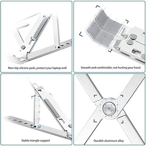 Laptop Stand Portable Aluminum Alloy Lightweight Foldable and Adjustable 6 Angles Heights Silicone Non-Slip Suitable for 10-15.6 Inch Laptops Ipads Books Silver in Saudi Arabia