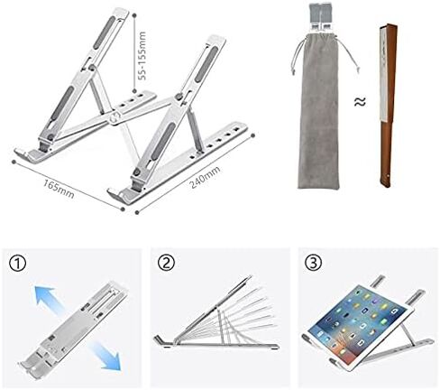 Laptop Stand Portable Aluminum Alloy Lightweight Foldable and Adjustable 6 Angles Heights Silicone Non-Slip Suitable for 10-15.6 Inch Laptops Ipads Books Silver in Saudi Arabia