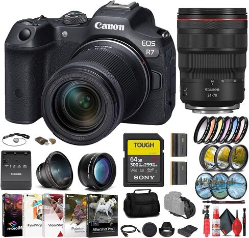 كاميرا Canon EOS R7 بدون مرآة مع عدسة مقاس 18-150 مم (5137C009) + عدسة Canon مقاس 24-70 مم (3680C002) + بطاقة SD متينة سعة 64 جيجابايت + مجموعة مرشح + عدسة واسعة الزاوية + عدسة مقربة + مجموعة مرشح الألوان + المزيد (متجددة) in Saudi Arabia