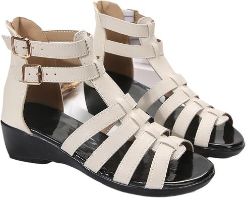 Women Black Leather High Top Gladiator Sandals,Summer Peep Toe Hollow Back Zipper Dressy Flat Roman Sandals Wedges Sandals in Saudi Arabia