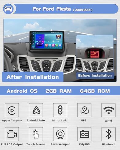 Roinvou 2+64G Android 9 "شاشة تعمل باللمس لسيارة Ford Fiesta 2009-2014 مع CarPlay اللاسلكي Android Auto WiFi Bluetooth GPS Navigation FM RDS Radio Backup Camera in Saudi Arabia