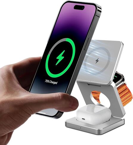 شاحن لاسلكي 3 في 1 قابل للطي لمحطة شحن iPhone السريعة: حامل شاحن 3 في 1 لأجهزة متعددة لسلسلة Apple - iPhone 15 14 13 12 - Apple Watch 9 8 7 6 5 4 3 2 Se - Airpods 3 2 Pro in Kuwait