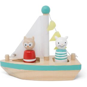 Boats and Buddies- Owl and Pussycat by Jack Rabbit Creations- 3 Piece Wooden Floating Bath Toys- includes 2 Removable Play Figures- Water Table, Sink and Bathtub Fun for Toddlers 3+