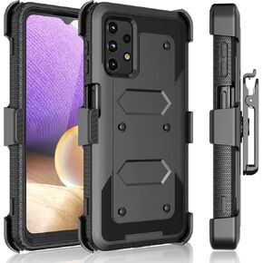 Tekcoo Holster Clip for Galaxy A32 5G Case [Tshell] Shock Absorbing [Built-in Screen] [Kickstand Locking Belt] Carrying Secure Swivel Defender Full Body Cover for Samsung Galaxy A32 5G Black