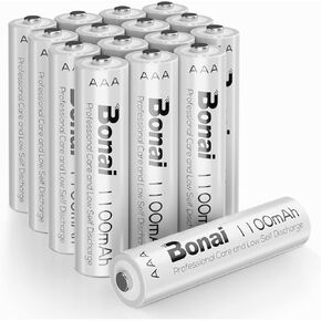 BONAI Rechargeable AAA Batteries • 1100 mAh • NiMH High-Capacity • Recharge up to 1200x • 16-Pack Pre-Charged