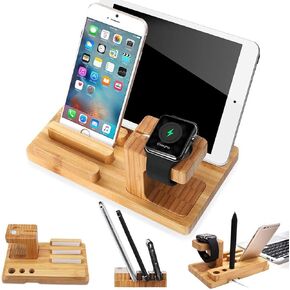 Bamboo Wood Multi-Device Desktop Charging Dock Station Charger Holder Cradle Charge Stand Compatible iPhone X 8 7 6 6S Plus Apple Watch 2 3 4 / iWatch Samsung Galaxy S8 S7 S6 Edge Smartphones