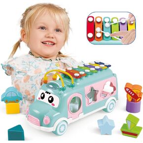 PlenPLAY Interactive Musical Bus Toy for Toddlers - Xylophone, Abacus, Shape Sorter, and Push/Pull & Go Feature - Perfect Educational Gift for Toddlers 1-3 (Blue) in Kuwait