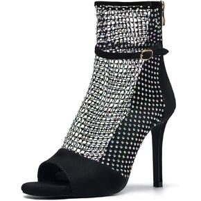 Women's Rhinestone mesh heels net Stiletto High Heels Open toe Crystal Ankle Strap Zip Summer Boots
