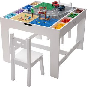 Kids 2 in 1 Play Table and 2 Chair Set with Storage, Compatible with LEGO and Duplo Bricks, Activity Table Playset Furniture with Modern White Color in Saudi Arabia