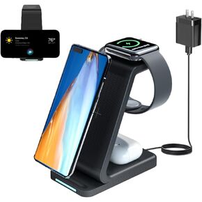 3 in 1 Wireless Charging Station for iPhone, Fast Wireless Charger Stand for Samsung/iPhone/iWatch/Airpods/Qi-Certified Phones, Compatible for iPhone 15,14,13,12,11 Series