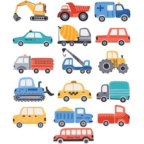 48 Pcs Construction Vehicles Wall Decals Car Truck Bus Tractor Excavator Transportation Wall Stickers Kids Bedroom Boys Room Playroom Wall Decor