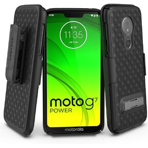 ENCASED Moto G7 Power Belt Case with Kickstand (2019 Slimline) Ultra Thin Cover w/Holster Clip - Black