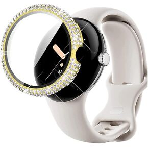 Compatible for Google Pixel Watch Case Full Diamond Hard PC Plating Bumper with Tempered Glass Screen Protector Bling Crystal Diamonds Shiny Glitter Frame Case Cover for Google Pixel Watch (Black)
