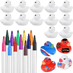 White Blank Rubber Ducks DIY, Float Bath Toy Squeaky Duckies with Waterproof Color Pens for Birthday Party Favors, Easter Party Gifts Summer Pool Activity (15Ducks 12Pens)