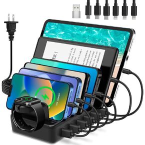 قاعدة شحن لأجهزة متعددة، محطة شحن USB بـ 6 منافذ بقدرة 50 وات مع 10 فتحات، فواصل قابلة للفصل، حامل ساعة، متوافقة مع الهاتف/الآيباد/كيندل/الكمبيوتر اللوحي (6 كابلات متضمنة)، أسود