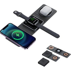 شاحن لاسلكي 3 في 1، محطة شحن لاسلكية Qumox للسفر المغناطيسي لأجهزة متعددة، محطة شحن 3 في 1، متوافقة مع iPhone15/14/13/12/Pro/Max، iWatch، AirPods 3/2/Pro in Kuwait