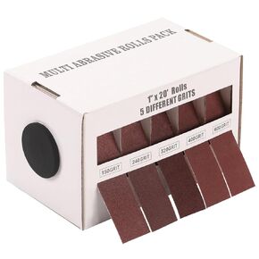 POLIWELL Emery Cloth Roll, 5 Grits Emery Paper Rolls Aluminium Oxide Abrasive Sandpaper, 1" X 20’(6M) Assorted Sanding Multi-Roll 150 240 320 400 600 Grit with Dispenser for Wood Metal Craft Polishing
