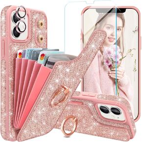 for iPhone 11 Phone Case Wallet,[with 5 Card Holder & 360°Ring Stand] [Screen Protector+Camera Lens Protector] Glitter PU Leather Card Slots Case Cute Flip Phone Cover for iPhone 11,Rose Gold in Saudi Arabia