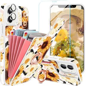 for iPhone 11 Phone Case Wallet,[with 5 Card Holder & 360°Ring Stand] [Screen Protector+Camera Lens Protector] Glitter PU Leather Card Slots Case Cute Flip Phone Cover for iPhone 11,Rose Gold