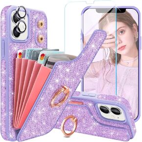 محفظة حافظة هاتف iPhone 11، [مع 5 حامل بطاقات وحامل حلقي 360 درجة] [واقي شاشة + واقي عدسة الكاميرا] حافظة فتحات بطاقات من جلد البولي يوريثان اللامع غطاء هاتف قلاب لطيف لهاتف iPhone 11، ذهبي وردي