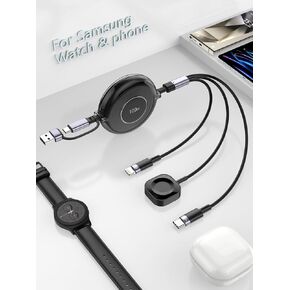 4FT Retractable Galaxy Watch Phone Charger Cord, 100W USB C Multi Cable Galaxy Watch Charger Fast Charging 3-in-1 Universal Cable for Samsung Galaxy Watch 6 5 4 3 2 1 and Galaxy S23-20 Phones(4ft)