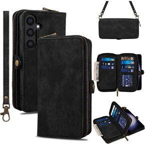Rssviss Wallet Case for Samsung Galaxy S24 5G Crossbody with Card Holder Wrist Strap,《RFID Blocking》 Flip Zipper Case PU Leather, Purse Cover for Samsung S24 Men Women 6.1 inch Black