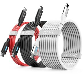 3-Pack Flexible Soft Silicone USB Type-C Cables (10Ft, 6Ft, 3Ft) Fast Charging Type-C Charger Cords for iPhone 15, 15 Pro Max/Samsung Galaxy Models/Nintendo Switch (USBC 60W/3A)
