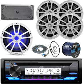 BOAT SOUND SYSTEM PACKAGE: JVC Single DIN Marine Bluetooth CD Receiver Bundle Combo with 5-Channel Amplifier, 4X 6.5 225 Watt Max White Speakers, 10" LED Subwoofer, RCA Cable, Wire, Antenna