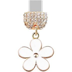 ELISE & FONDA TP193 Type-C USB Charging Port Crystal Anti Dust Plug Little Lily Flower Cell Phone Charm for Samsung Galaxy/Huawei/OnePlus/Xiaomi/oppo Android Phones (White)