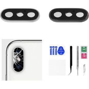 2 Sets for iPhone X Back Camera Lens Replacement with Metal Frame for iPhone 10 Space Gray Silver Color HD Tempered Rear Camera Lens Cover with Repair Fix Tool Kit Tweezers A1865 A1901 A1902