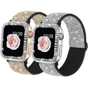 2 Pack Bling Stretchy Watch Bands Compatible with Apple Watch Band 40mm 41mm 44mm 45mm iWatch Series 9 8 7 6 5 4 SE, Adjustable Nylon Wristband with Shiny Case for Women Girls