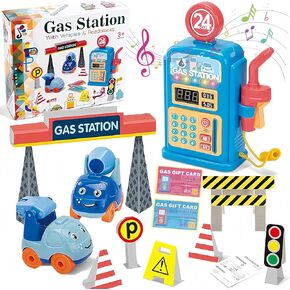 Toys Car for Boy Age 2-4, Toddler Boys Pretend Play Car Toy Sets Including Gas Station, 2pc Construction Mixer Truck, Truck Traffic Sign for Car Refueling Game with Music / Cash Register Function