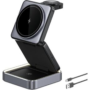 Foldable 3 in 1 Charger Station for Apple, 15W Fast Magnetic Portable Wireless Charger, Travel Wireless Charger Compatible with iPhone,for Apple Watch 9 8 7 6 5 4 3 2 SE/Ultra 2 (Black+LED), FCS-PB11