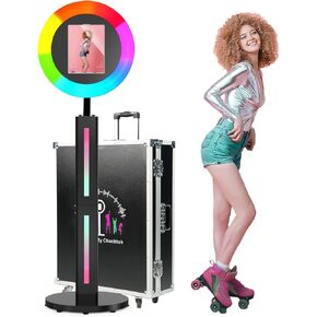 Photo Booth Compatible with Any Ipad, OHYEAHSPIN Photo Booth with Software App Control Ring Box, Music Sync,IPad Selfie Machine with Flight Case (Double Light Strip, Black Flight Case)