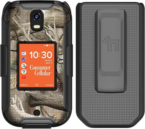 Nakedcellphone Holster Series for Consumer Cellular IRIS Flip Phone Case, Slim Hard Shell Cover and Belt Clip Holder Combination - Bush Camo in Saudi Arabia
