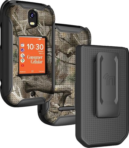 Nakedcellphone Holster Series for Consumer Cellular IRIS Flip Phone Case, Slim Hard Shell Cover and Belt Clip Holder Combination - Bush Camo in Saudi Arabia