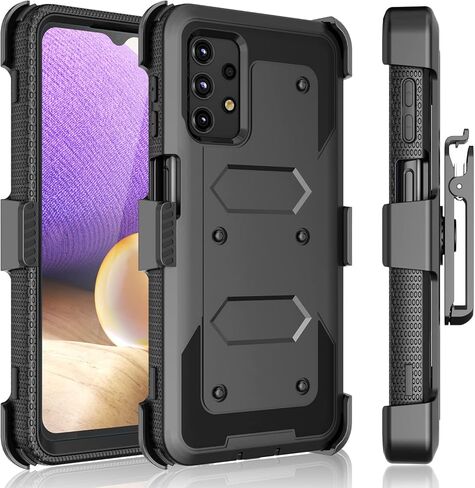 Tekcoo Holster Clip for Galaxy A32 5G Case [Tshell] Shock Absorbing [Built-in Screen] [Kickstand Locking Belt] Carrying Secure Swivel Defender Full Body Cover for Samsung Galaxy A32 5G Black in Saudi Arabia