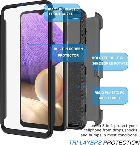 Tekcoo Holster Clip for Galaxy A32 5G Case [Tshell] Shock Absorbing [Built-in Screen] [Kickstand Locking Belt] Carrying Secure Swivel Defender Full Body Cover for Samsung Galaxy A32 5G Black in Saudi Arabia