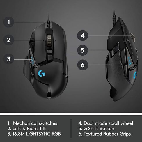 Logitech G502 SE HERO High Performance RGB Wired Gaming Mouse, HERO 16K Sensor, 11 Programmable Buttons, Adjustable Weights, LIGHTSYNC RGB, Onboard Memory, Tilt Wheel, Black, includes Cloth in Saudi Arabia