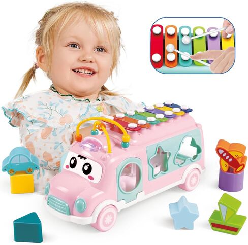 PlenPLAY Interactive Musical Bus Toy for Toddlers - Xylophone, Abacus, Shape Sorter, and Push/Pull & Go Feature - Perfect Educational Gift for Toddlers 1-3 (Blue) in Saudi Arabia