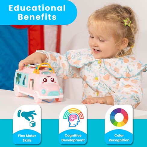 PlenPLAY Interactive Musical Bus Toy for Toddlers - Xylophone, Abacus, Shape Sorter, and Push/Pull & Go Feature - Perfect Educational Gift for Toddlers 1-3 (Blue) in Saudi Arabia